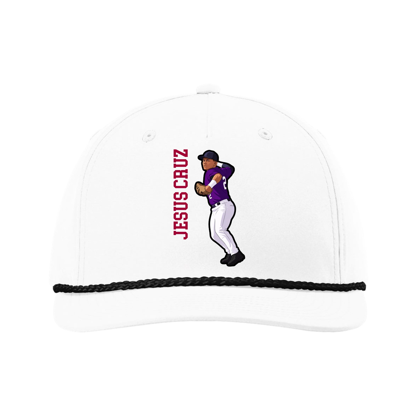 Five-Panel Classic Rope Cap — Name Vertical in White