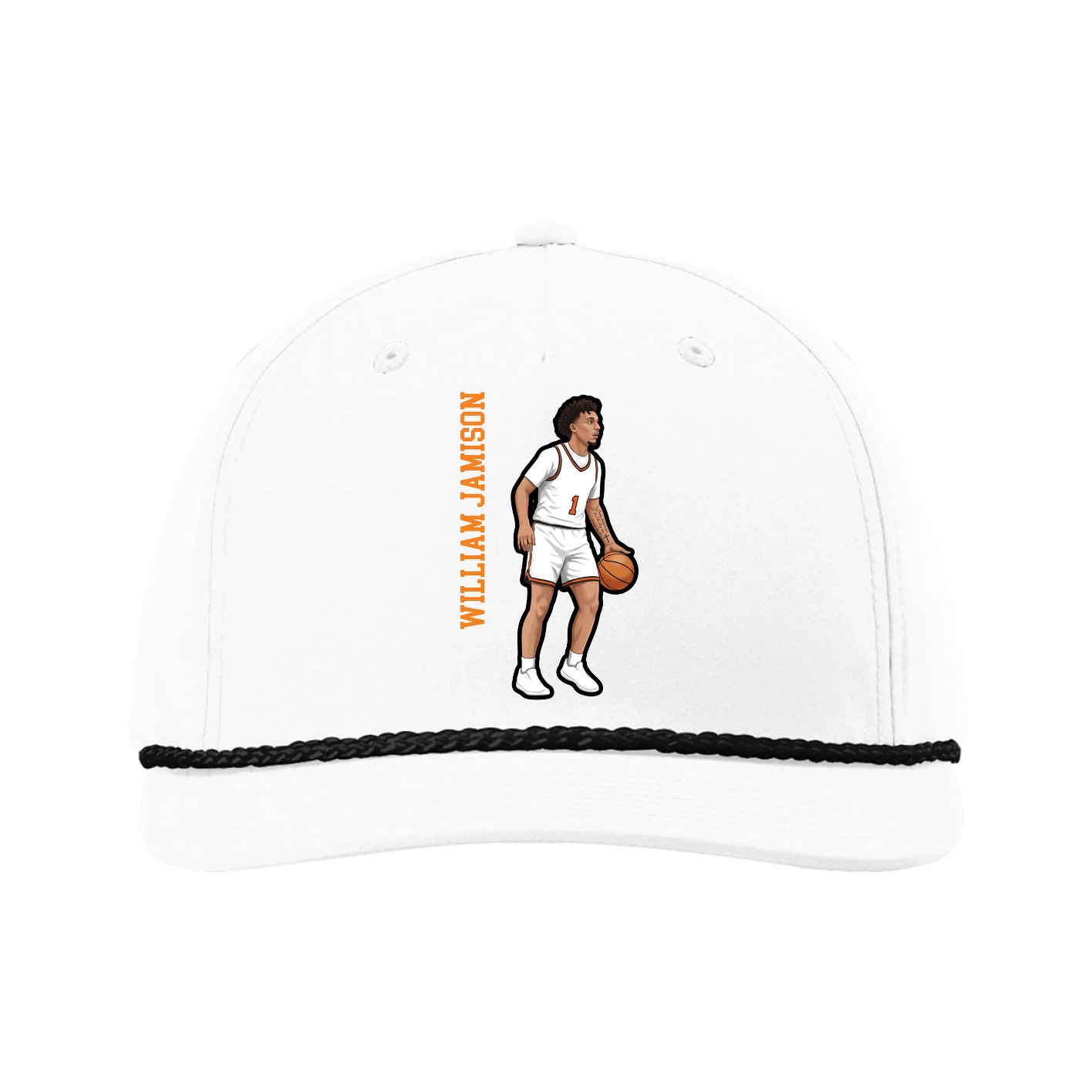 Five-Panel Classic Rope Cap — Name Vertical in White