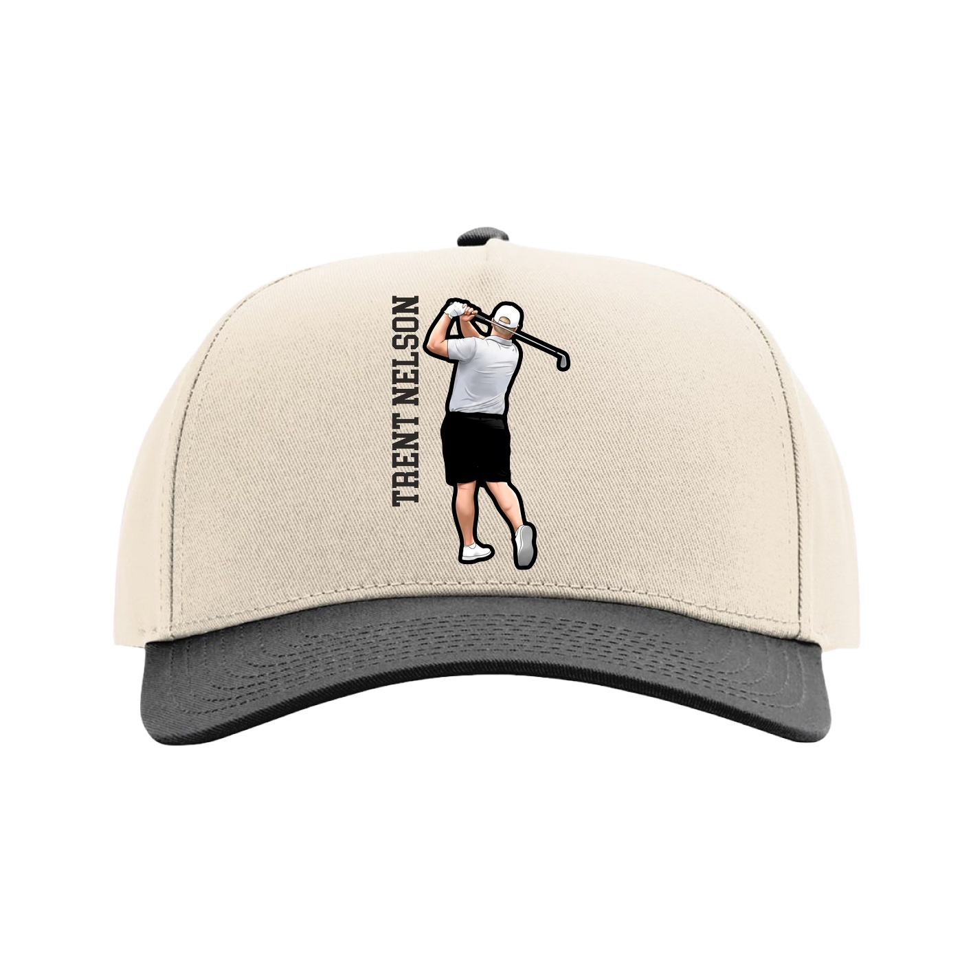 Full Fabric Five-Panel Champ Cap — Name Vertical in Cream/Black