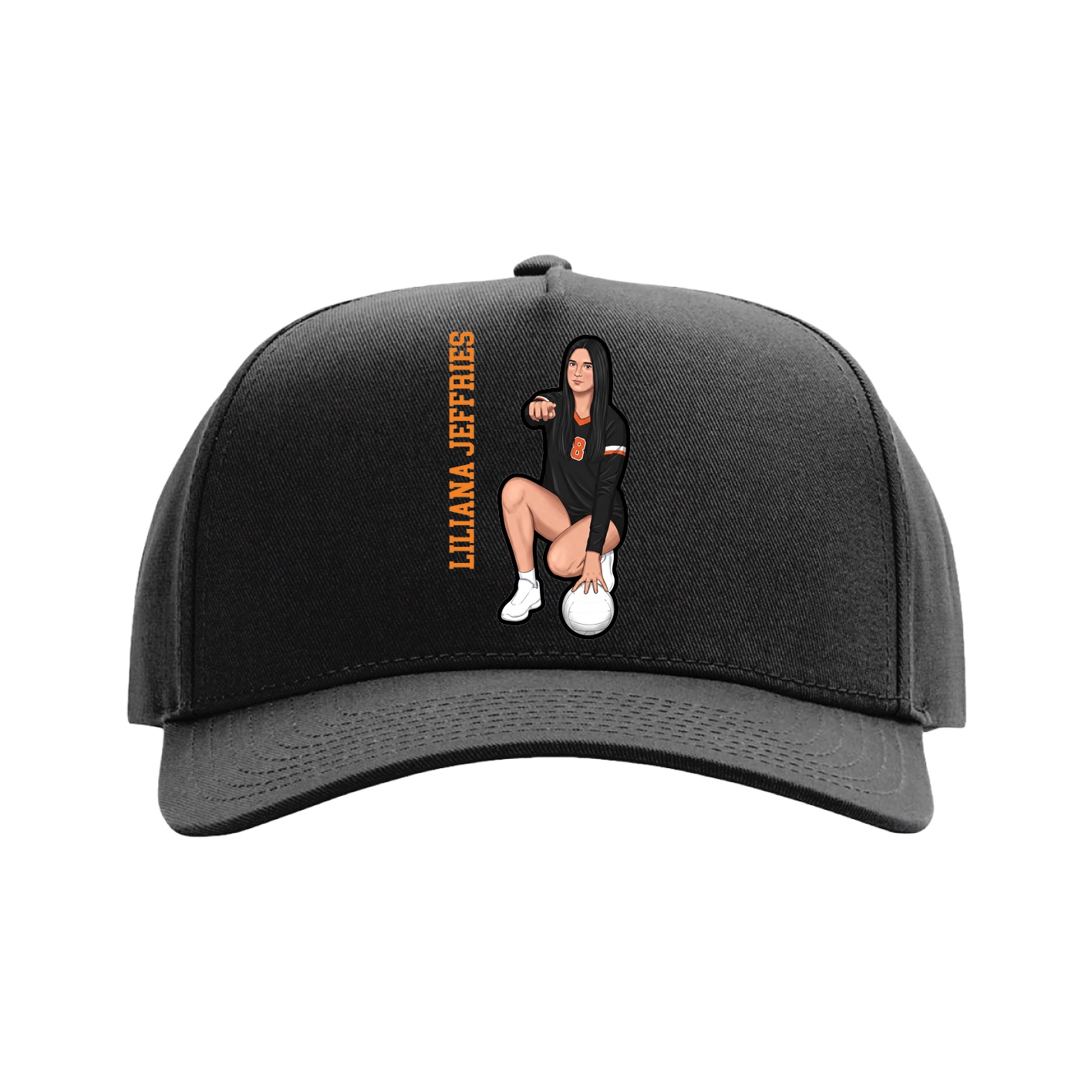 Full Fabric Five-Panel Champ Cap — Name Vertical in Black
