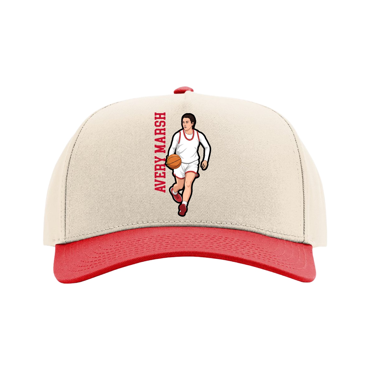 Full Fabric Five-Panel Champ Cap — Name Vertical in Cream/Red