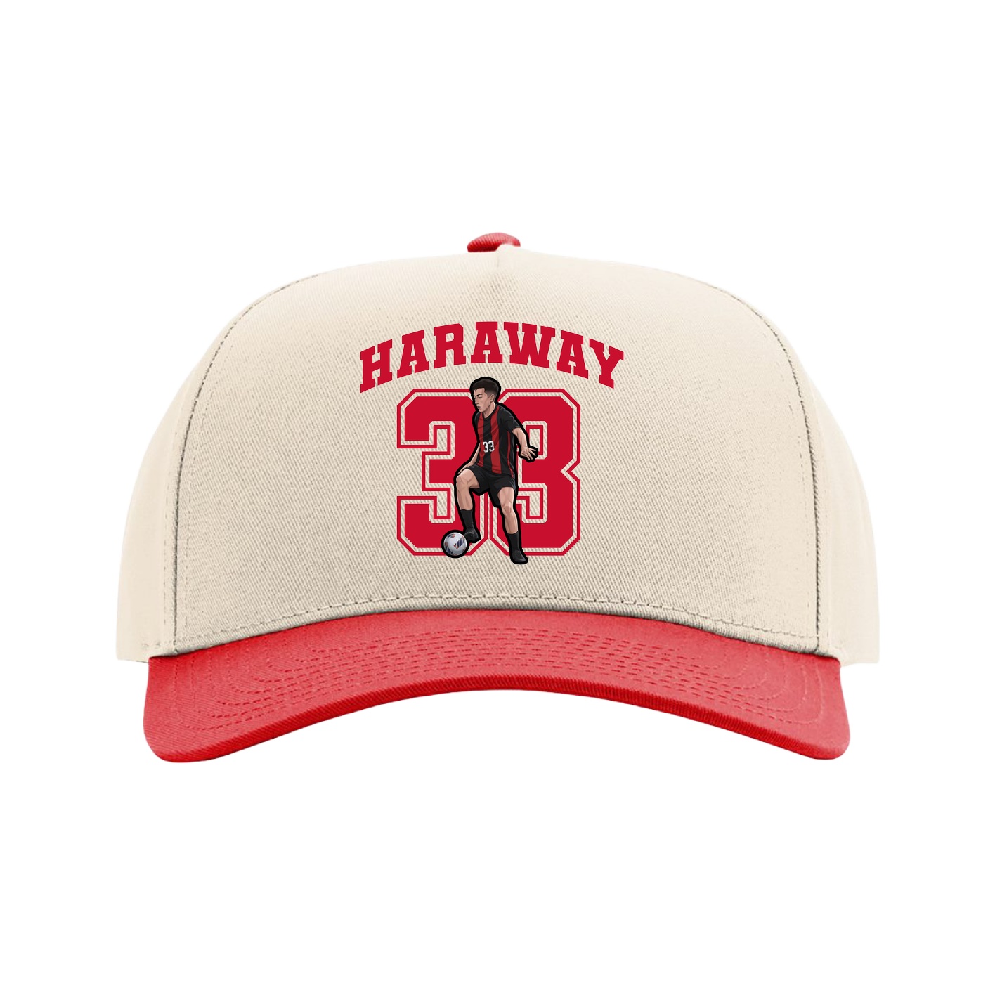 Full Fabric Five-Panel Champ Cap — Number in Cream/Red