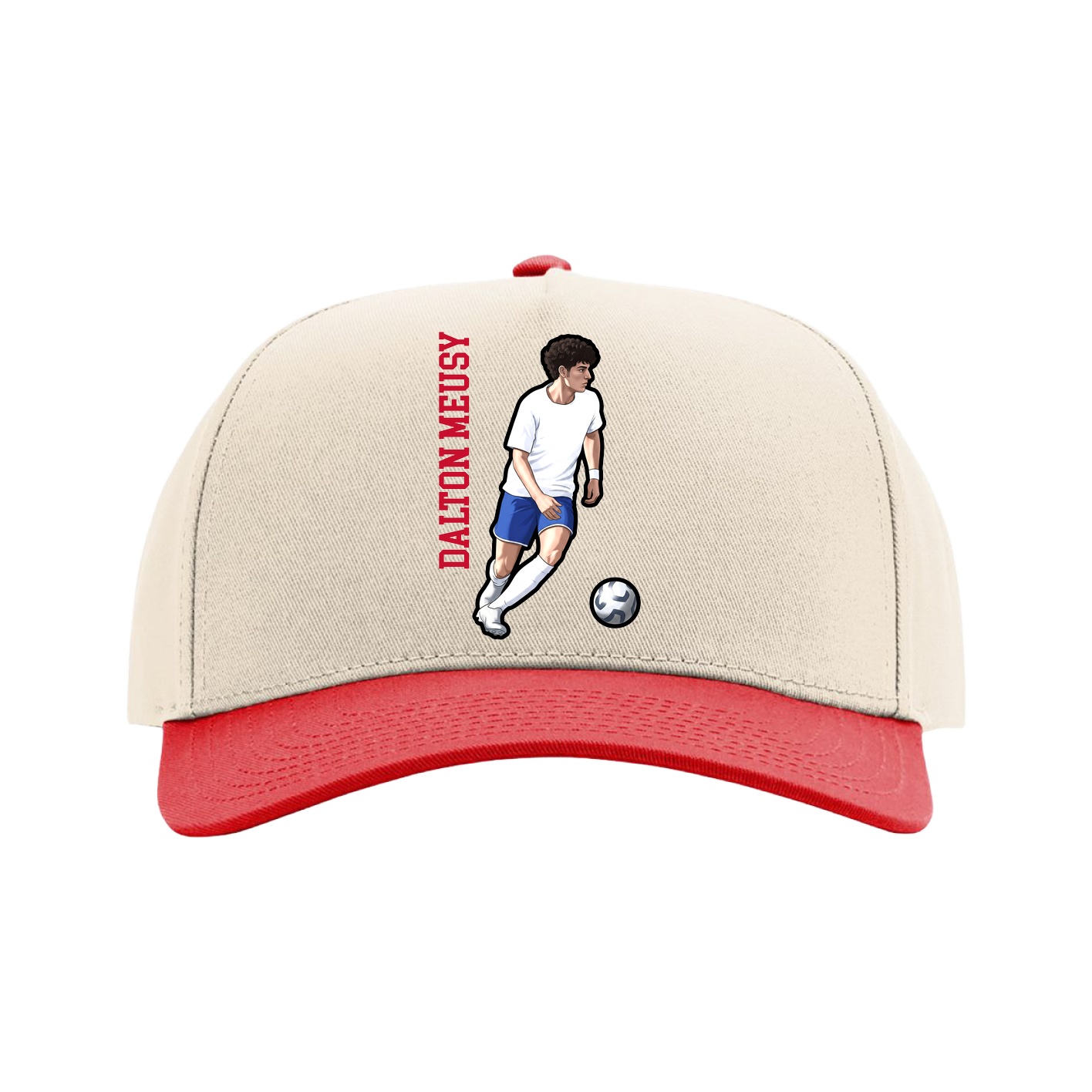 Full Fabric Five-Panel Champ Cap — Name Vertical in Cream/Red