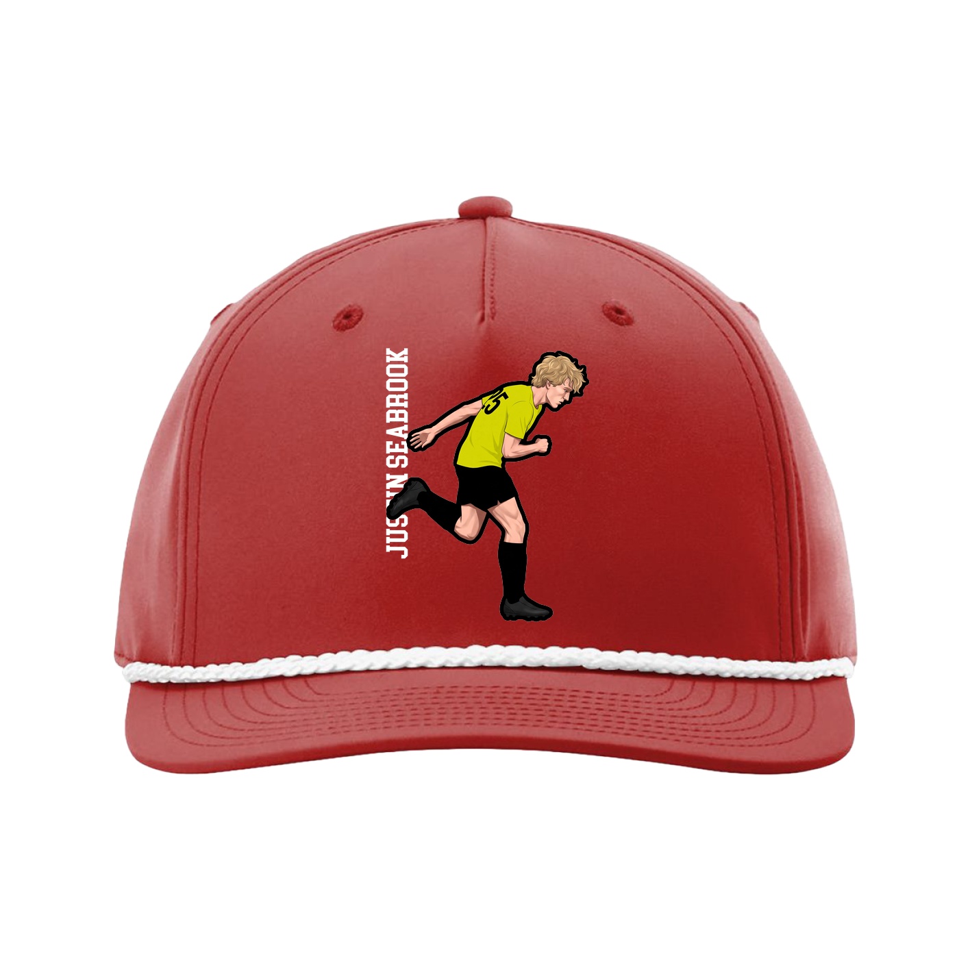 Five-Panel Classic Rope Cap — Name Vertical in Red