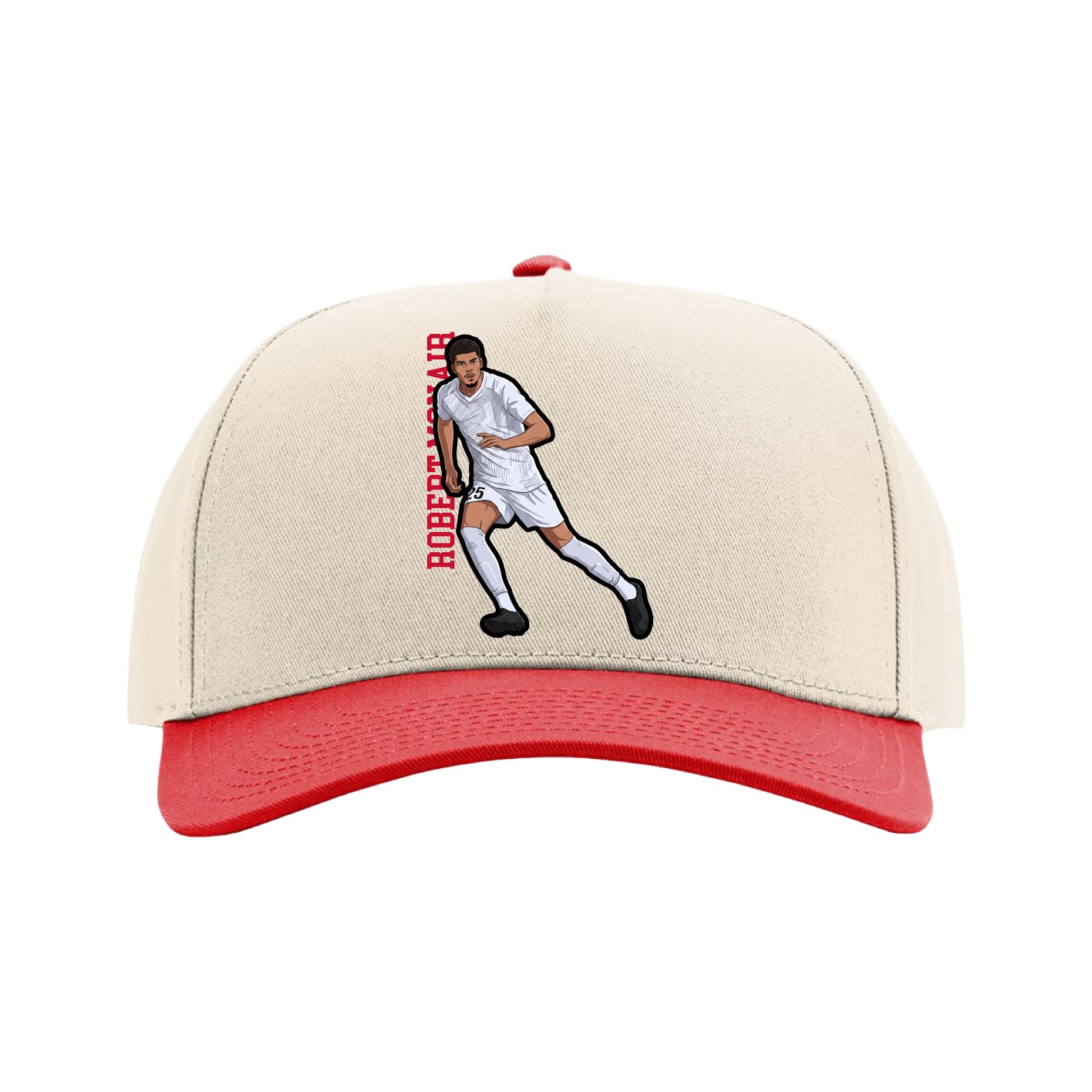 Full Fabric Five-Panel Champ Cap — Name Vertical in Cream/Red
