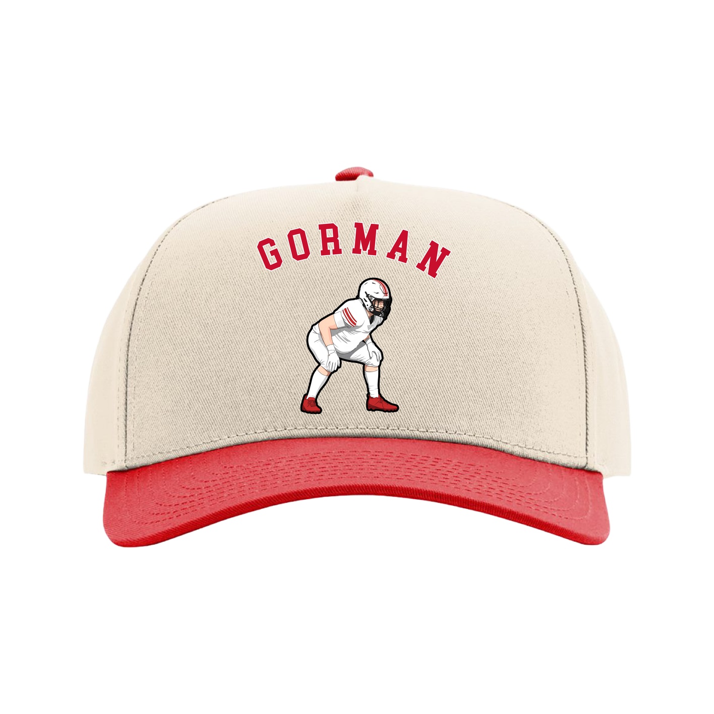 Full Fabric Five-Panel Champ Cap — Shirsey Arch in Cream/Red
