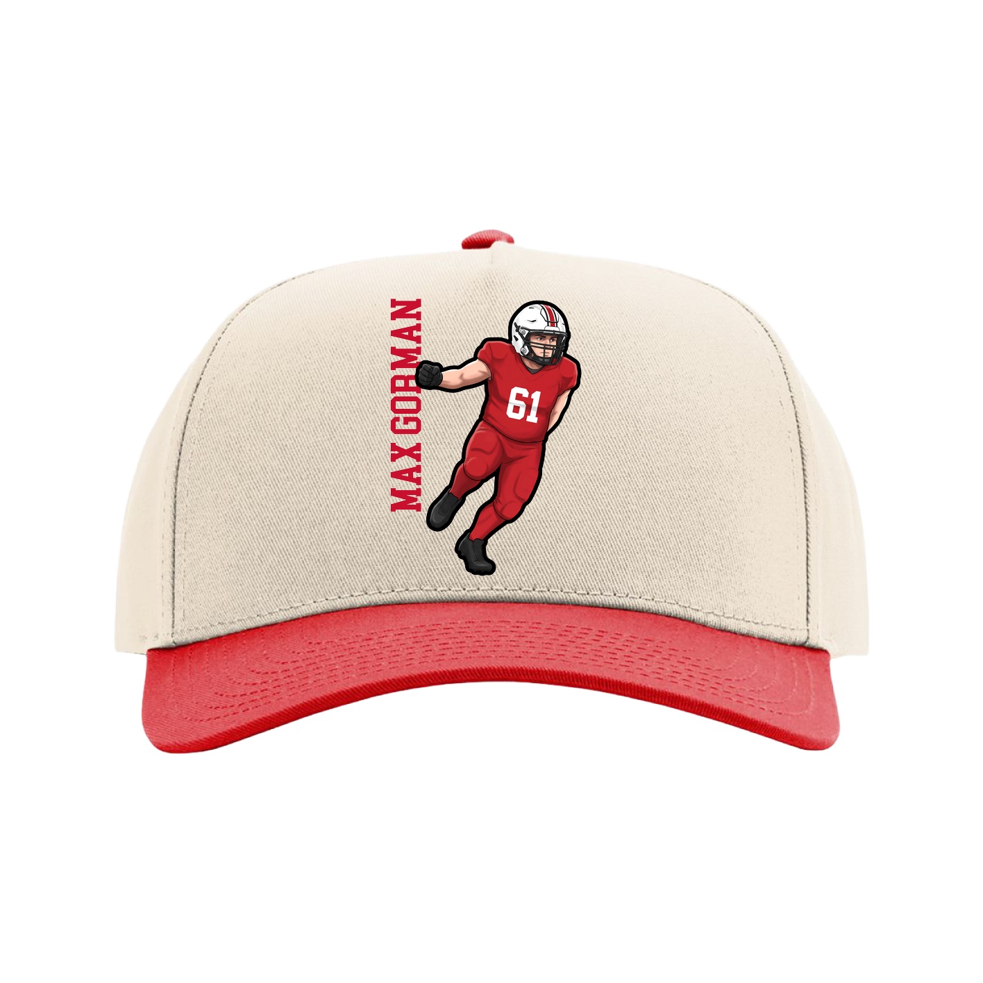 Full Fabric Five-Panel Champ Cap — Name Vertical in Cream/Red