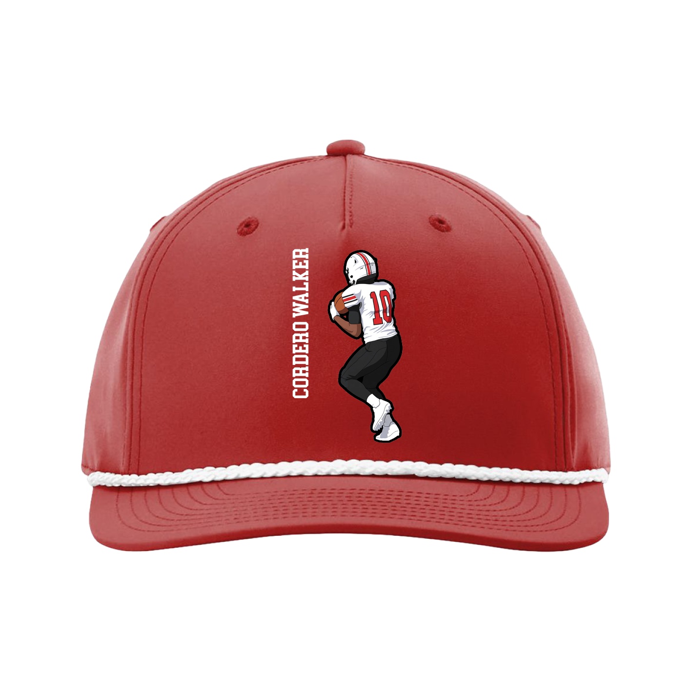 Five-Panel Classic Rope Cap — Name Vertical in Red