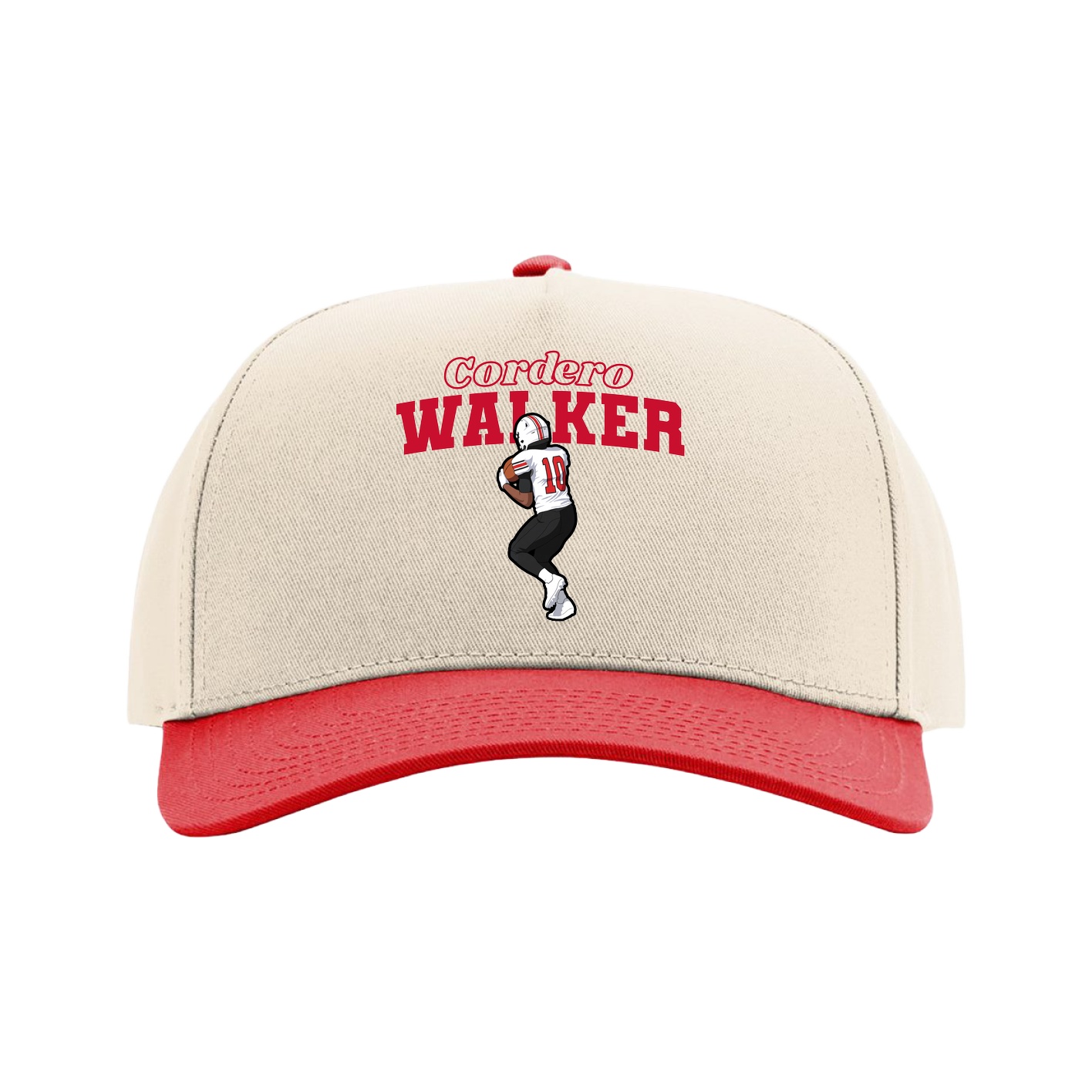 Full Fabric Five-Panel Champ Cap — Name Arch in Cream/Red