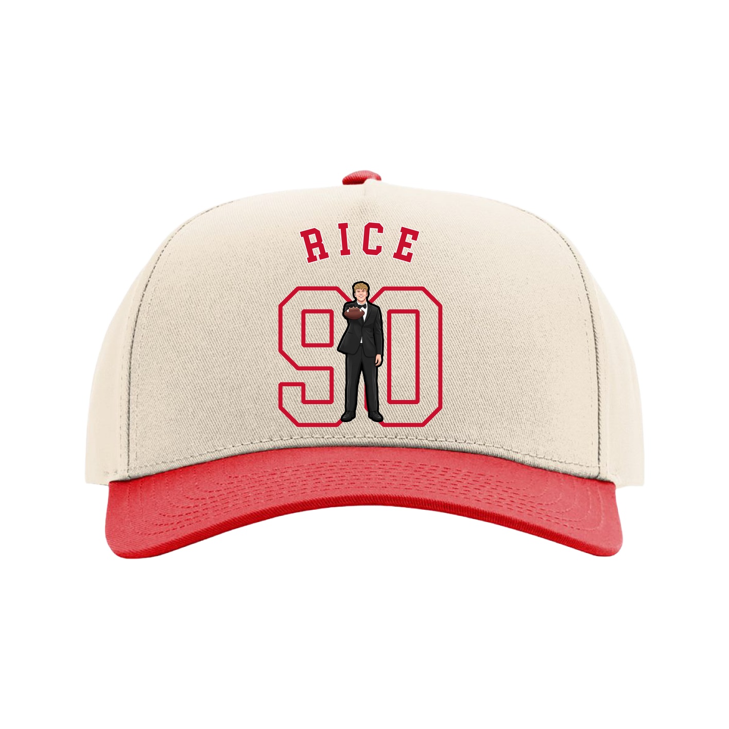 Full Fabric Five-Panel Champ Cap — Shirsey Arch in Cream/Red