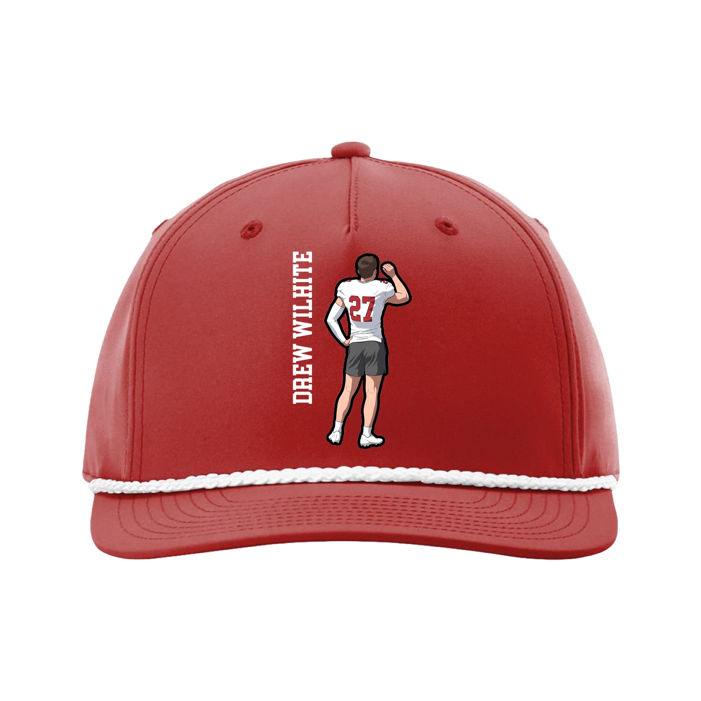 Five-Panel Classic Rope Cap — Name Vertical in Red