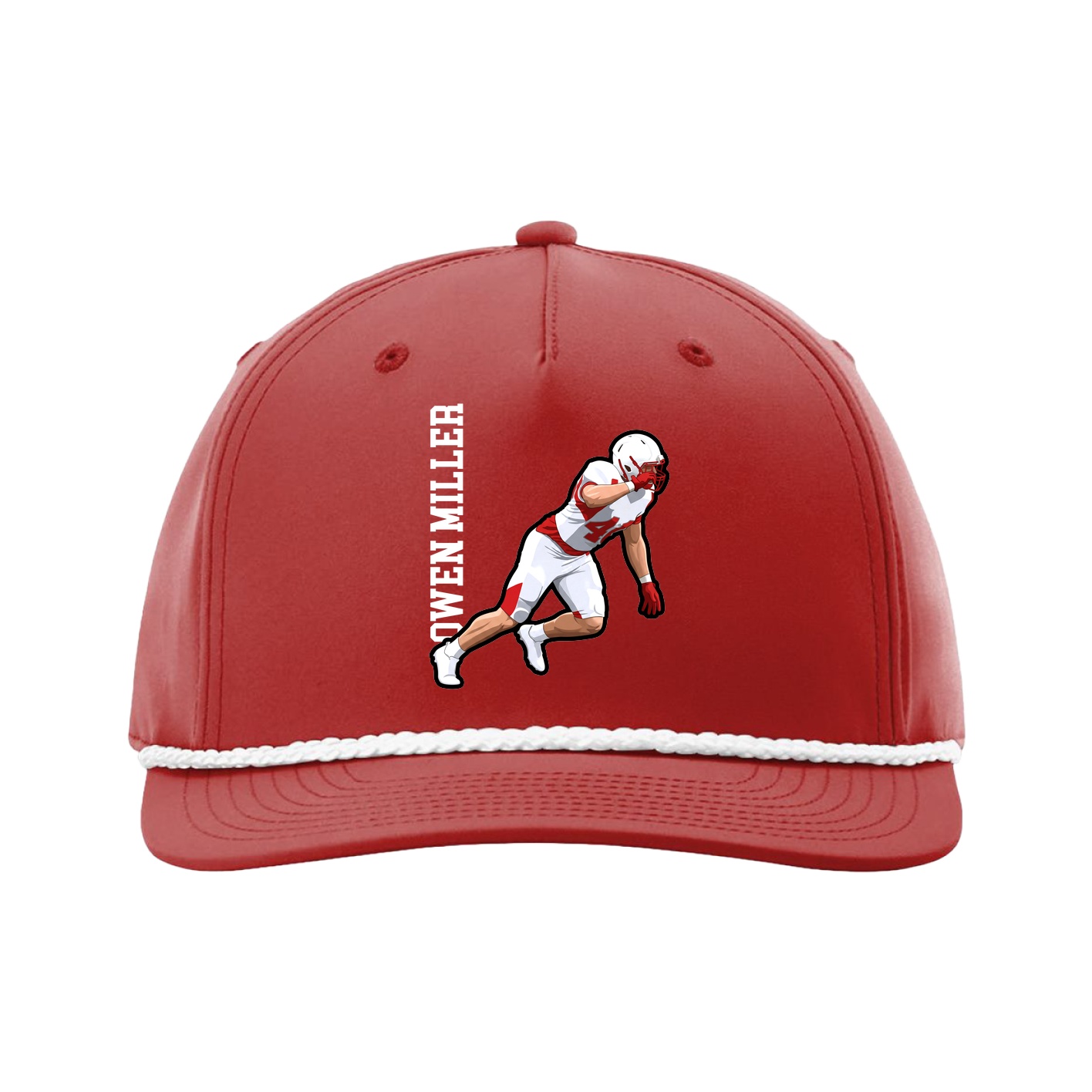Five-Panel Classic Rope Cap — Name Vertical in Red