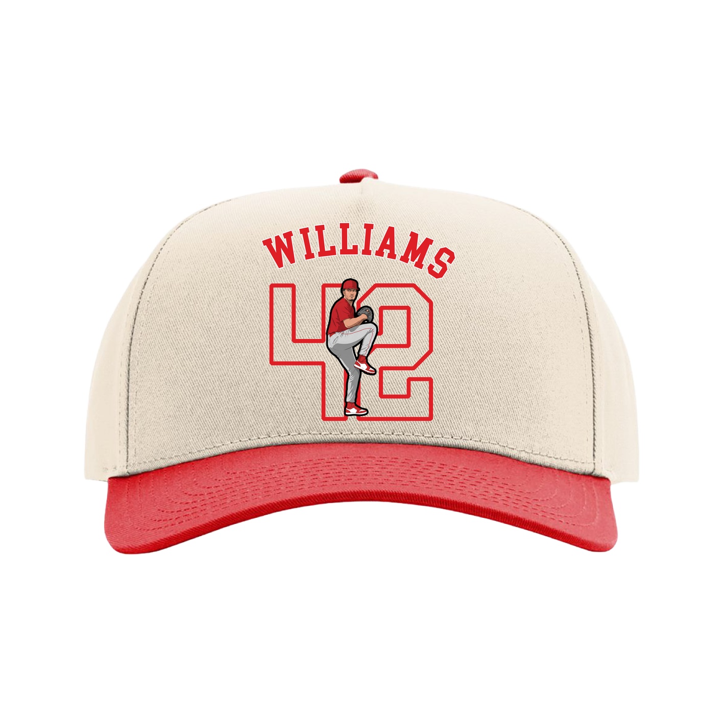 Full Fabric Five-Panel Champ Cap — Shirsey Arch in Cream/Red