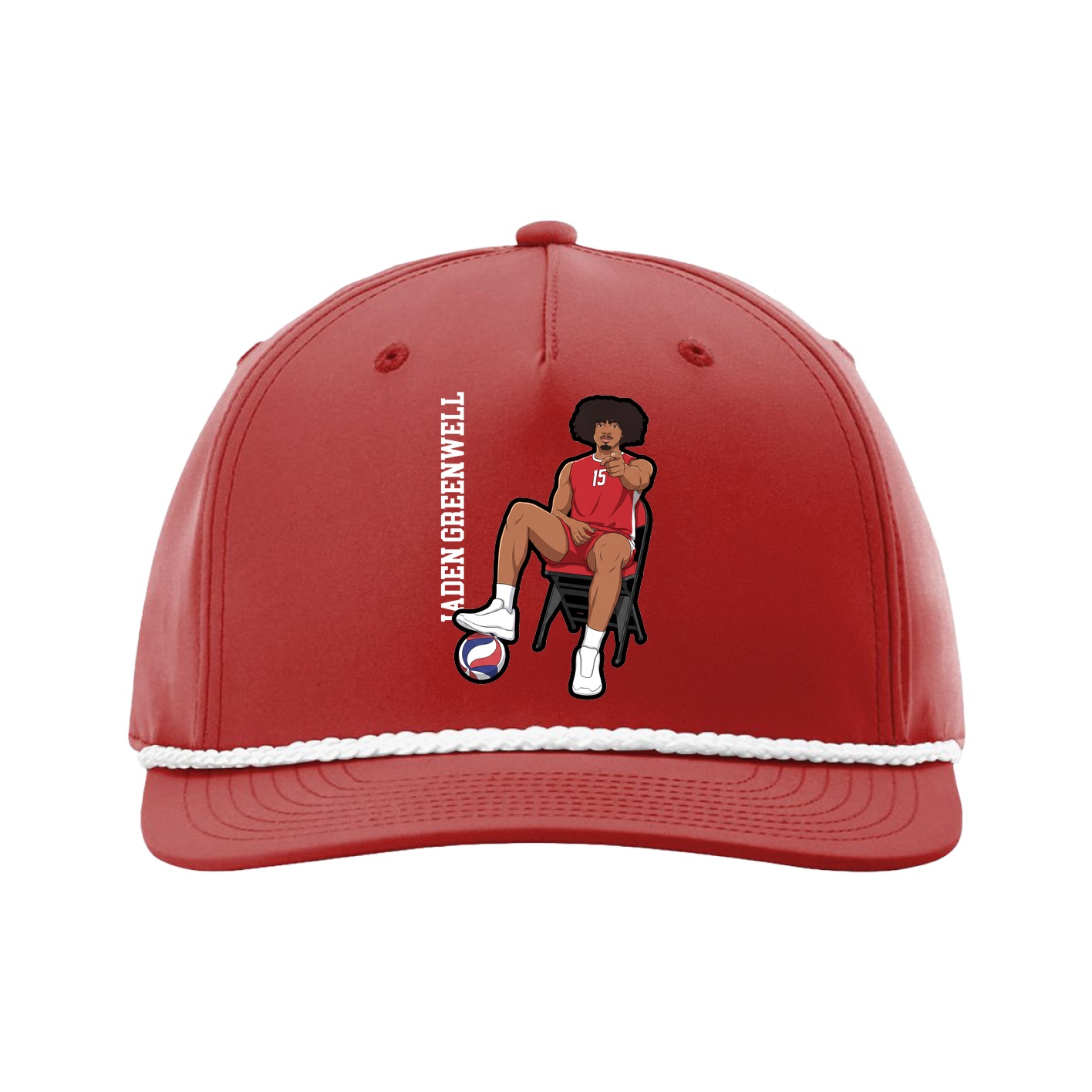 Five-Panel Classic Rope Cap — Name Vertical in Red