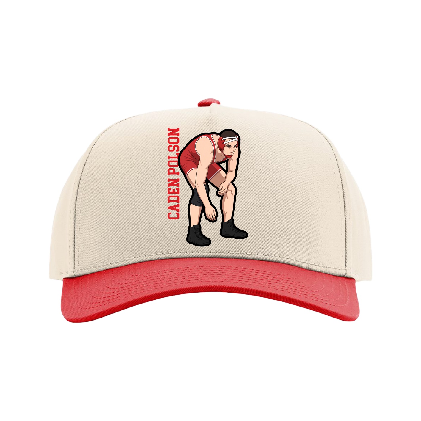 Full Fabric Five-Panel Champ Cap — Name Vertical in Cream/Red