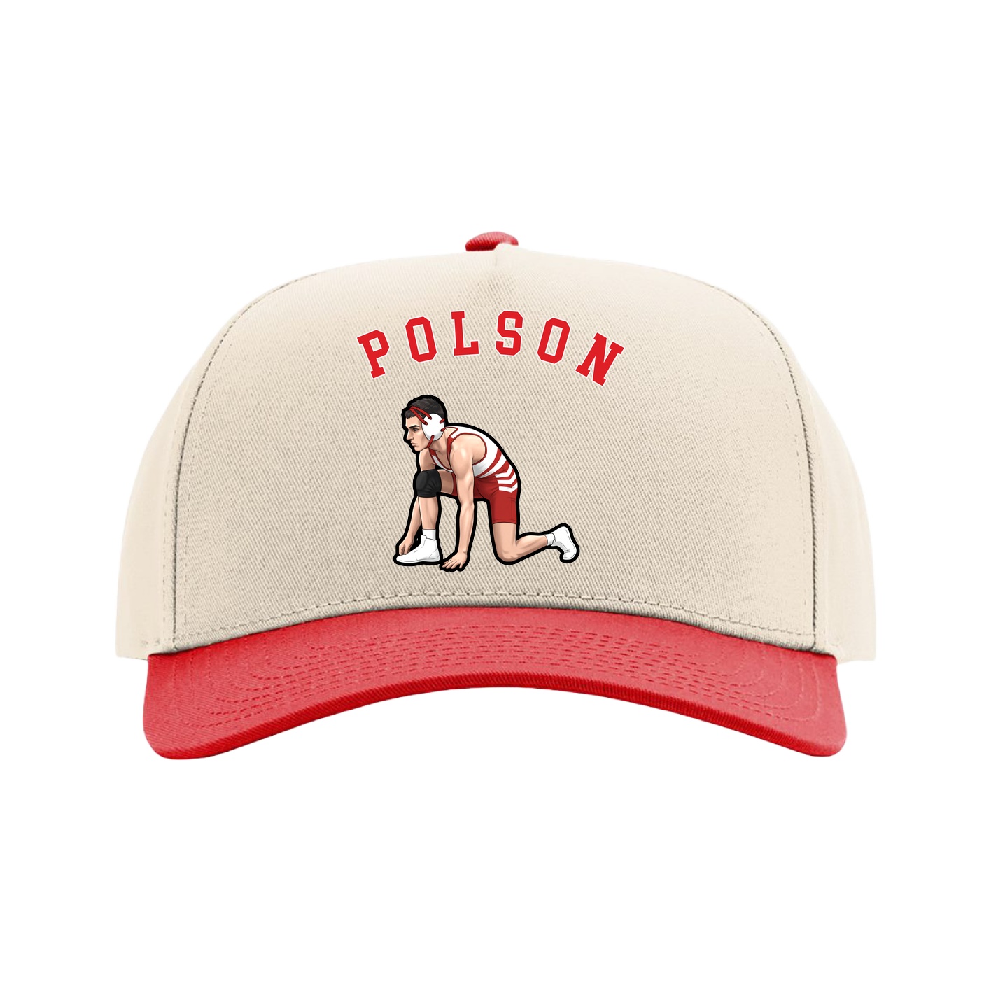 Full Fabric Five-Panel Champ Cap — Shirsey Arch in Cream/Red