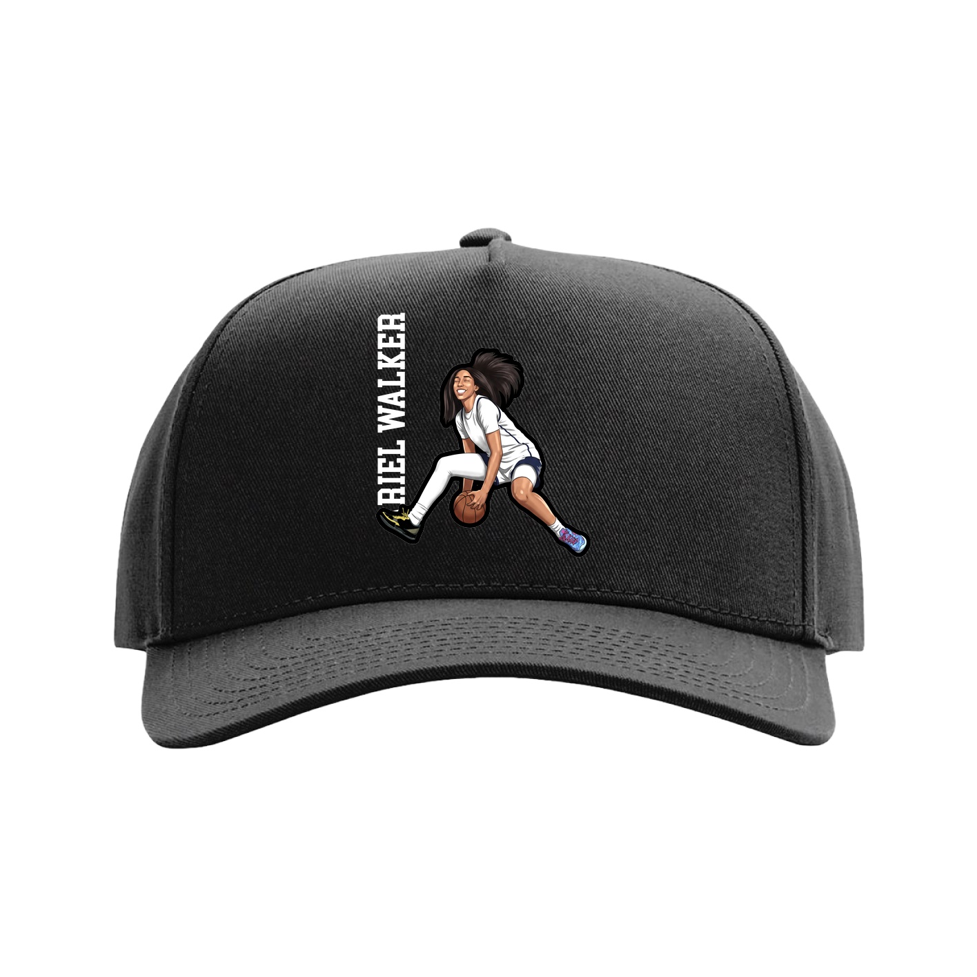Full Fabric Five-Panel Champ Cap — Name Vertical in Black