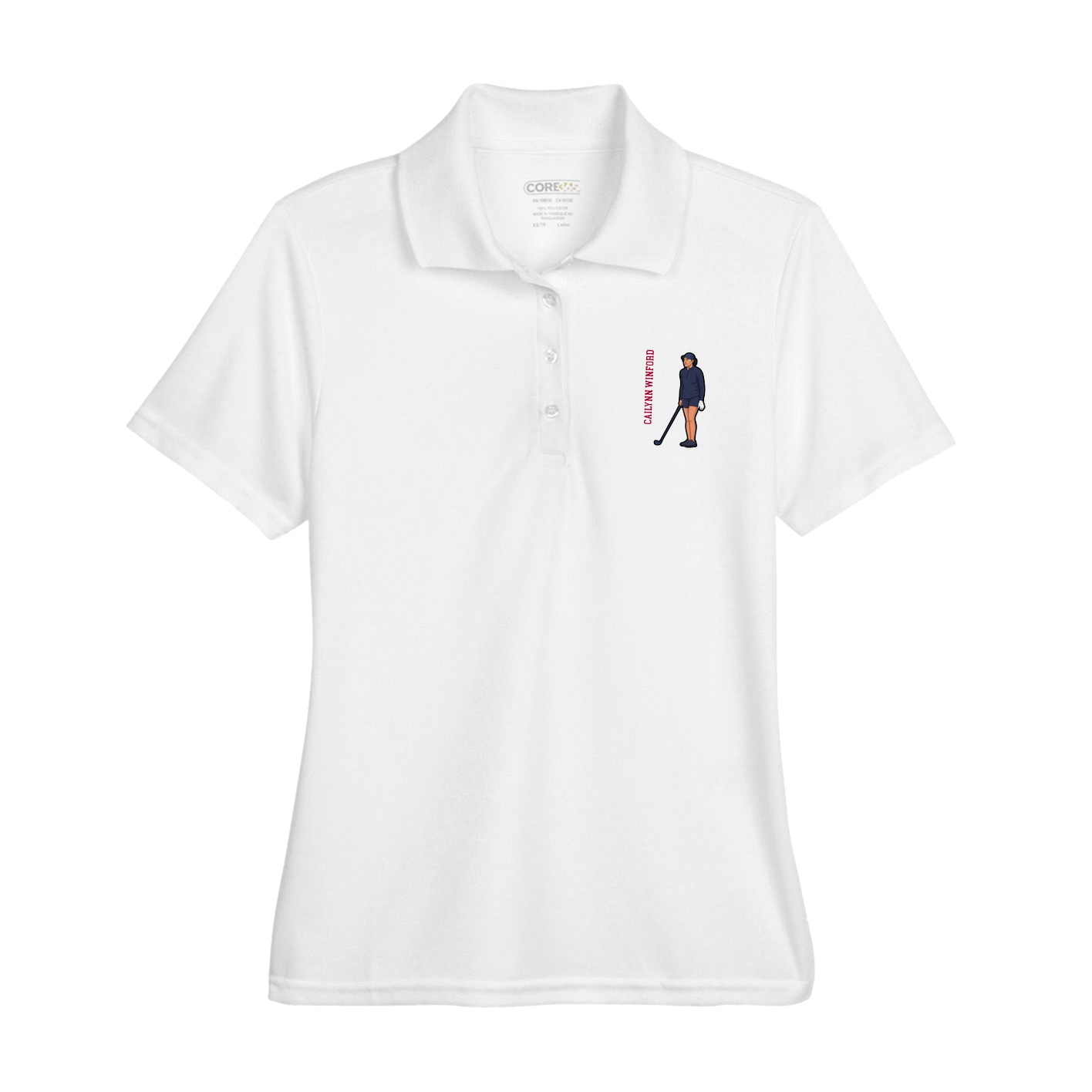 Womens Performance Polo — Name Vertical in White