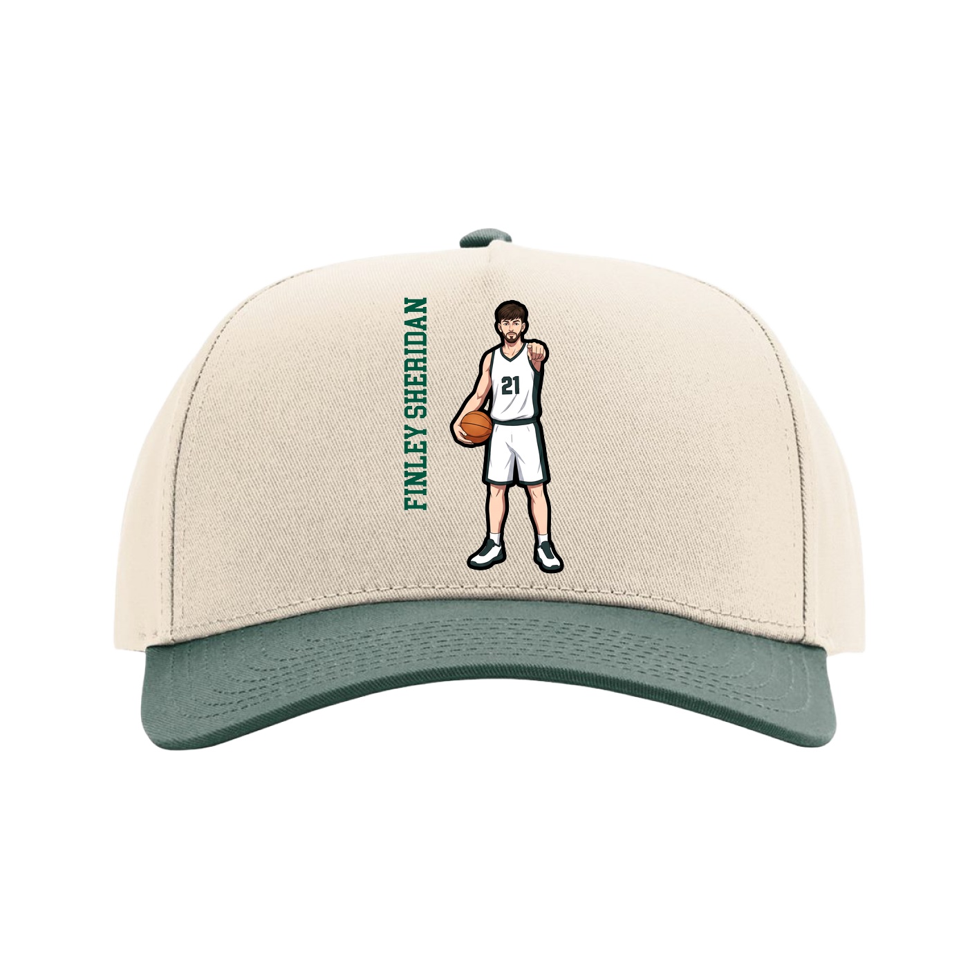 Full Fabric Five-Panel Champ Cap — Name Vertical in Cream/Green