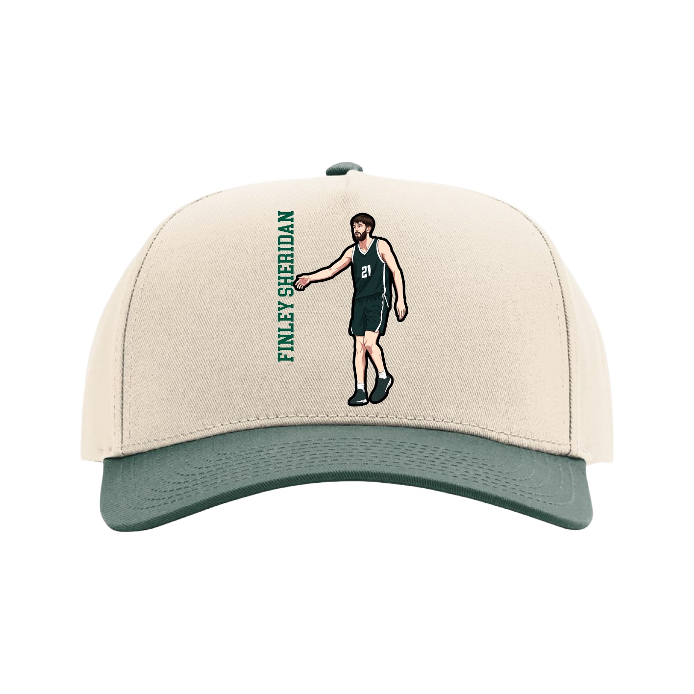 Full Fabric Five-Panel Champ Cap — Name Vertical in Cream/Green