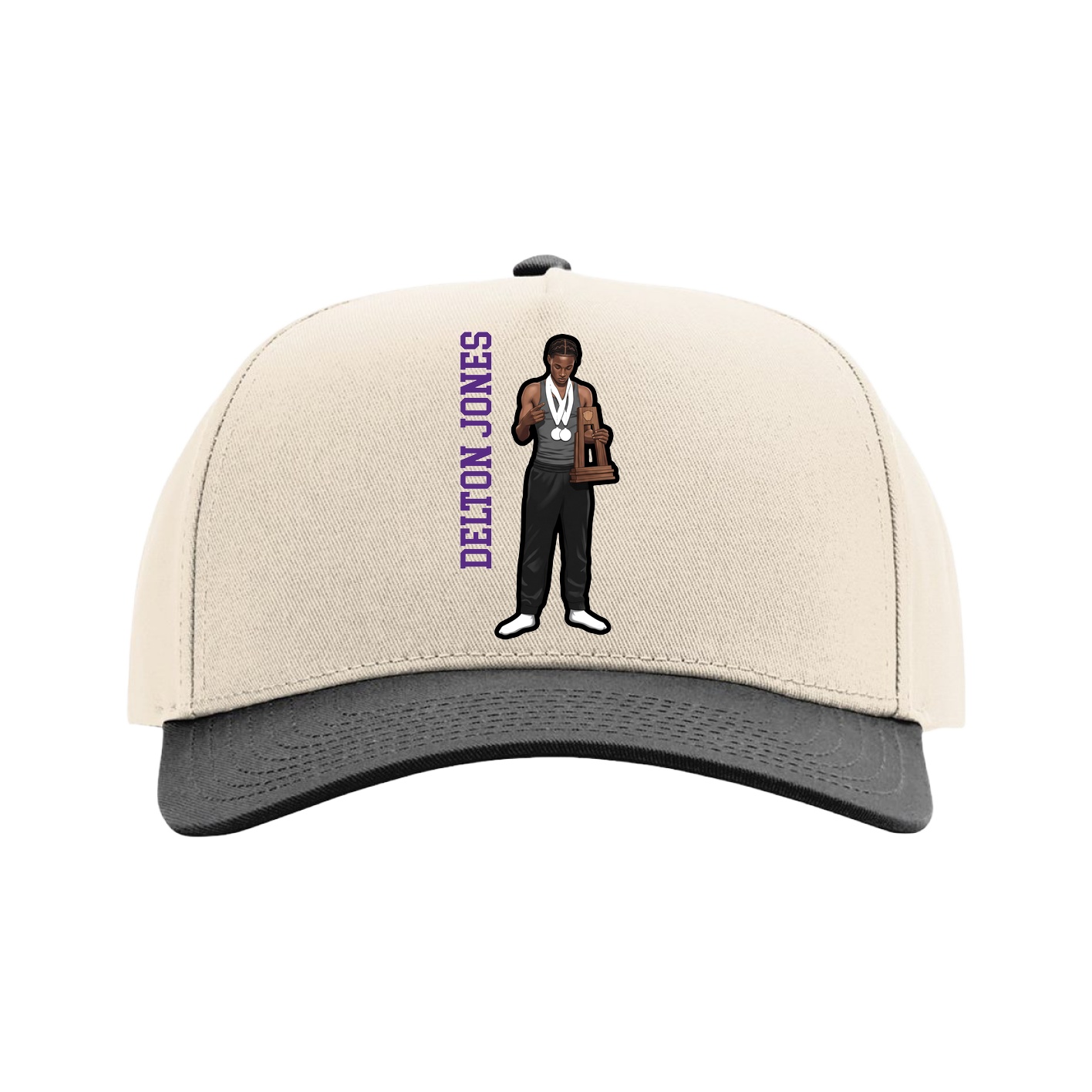 Full Fabric Five-Panel Champ Cap — Name Vertical in Cream/Black