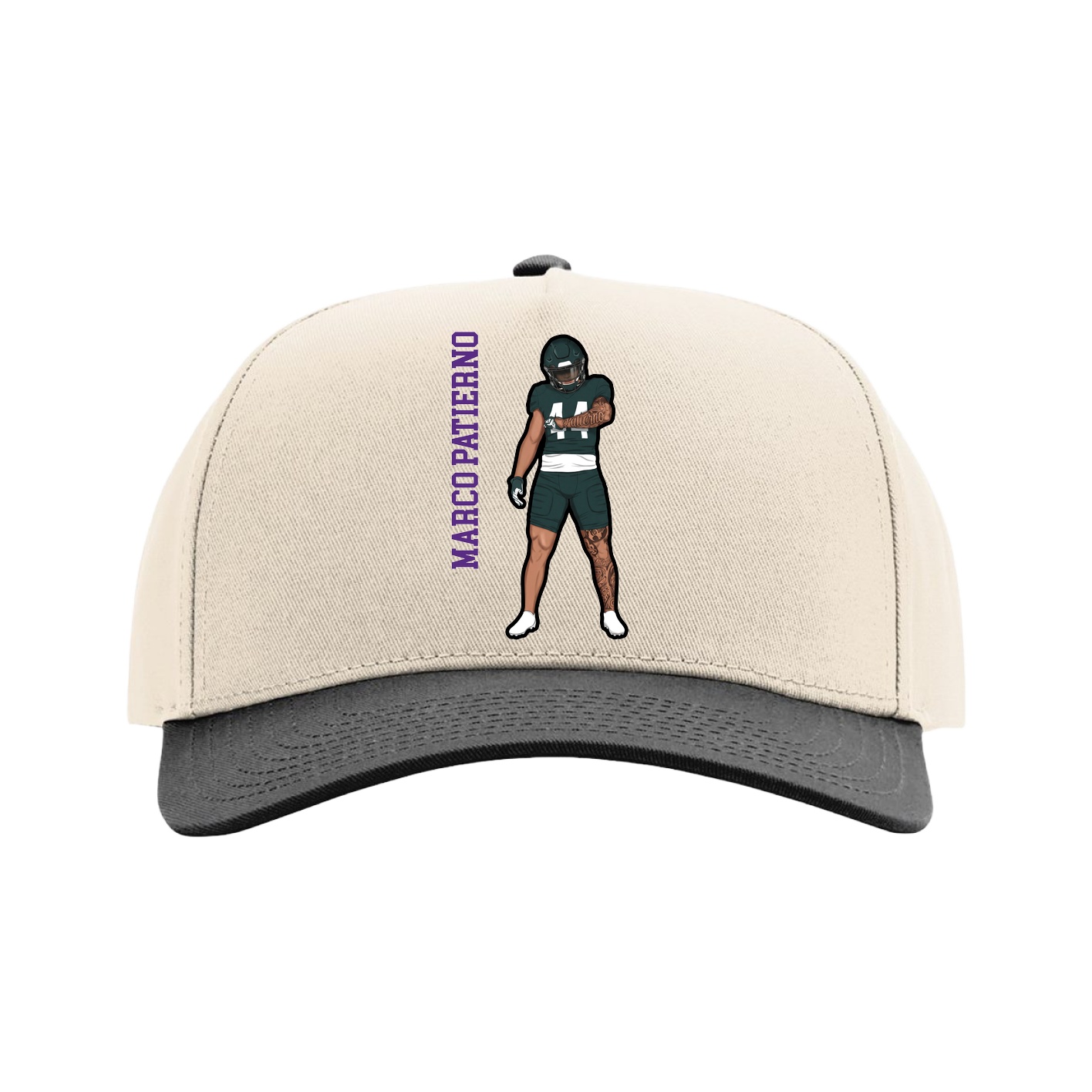 Full Fabric Five-Panel Champ Cap — Name Vertical in Cream/Black