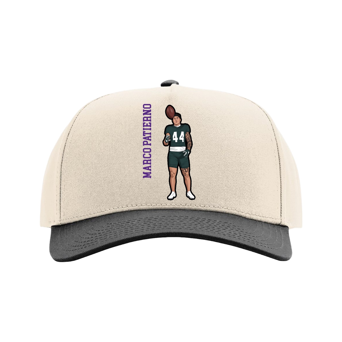 Full Fabric Five-Panel Champ Cap — Name Vertical in Cream/Black