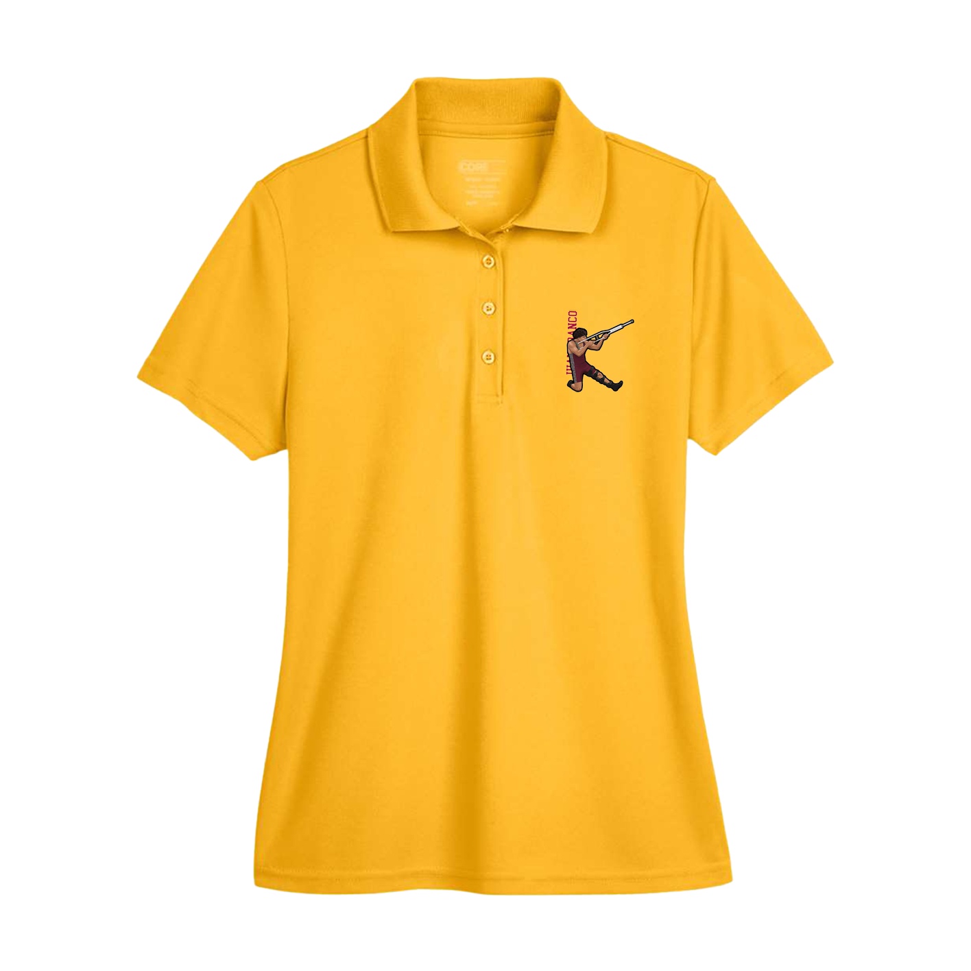 Womens Performance Polo — Name Vertical in Gold