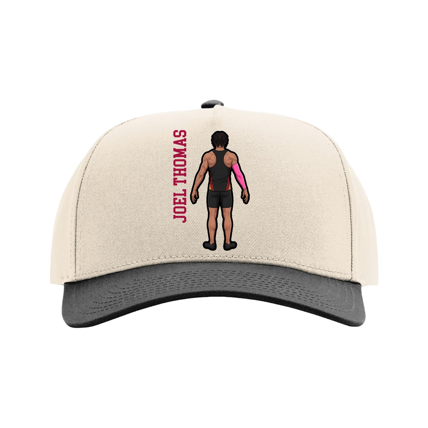 Full Fabric Five-Panel Champ Cap — Name Vertical in Cream/Black