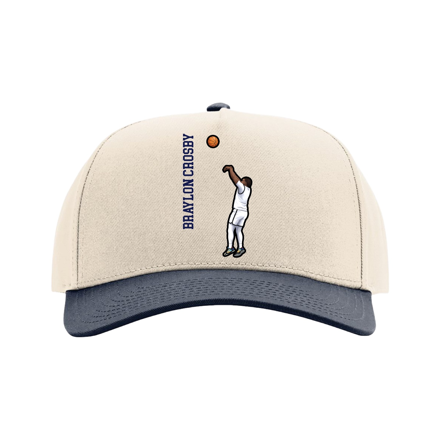 Full Fabric Five-Panel Champ Cap — Name Vertical in Cream/Navy