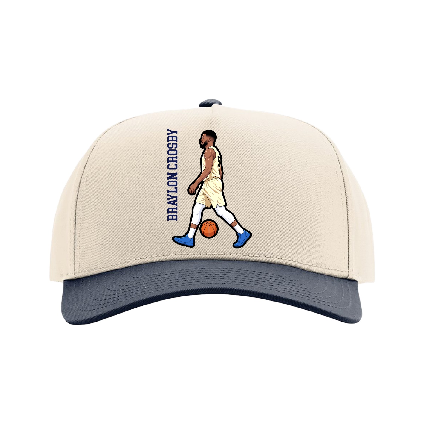 Full Fabric Five-Panel Champ Cap — Name Vertical in Cream/Navy