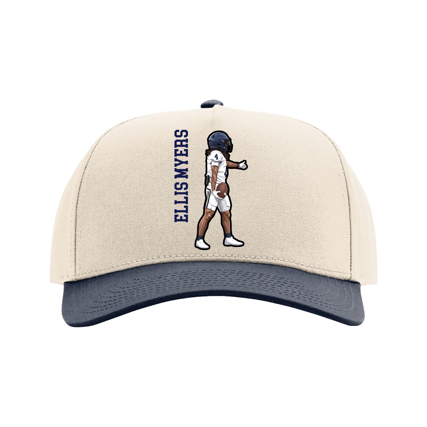 Full Fabric Five-Panel Champ Cap — Name Vertical in Cream/Navy