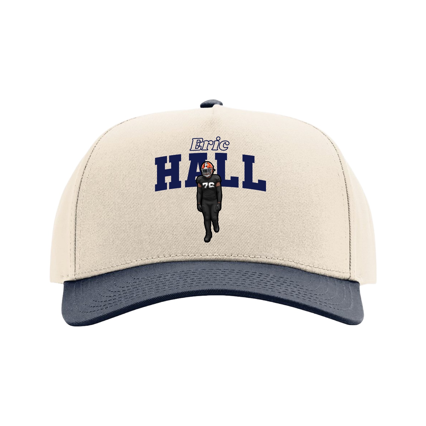 Full Fabric Five-Panel Champ Cap — Name Arch in Cream/Navy