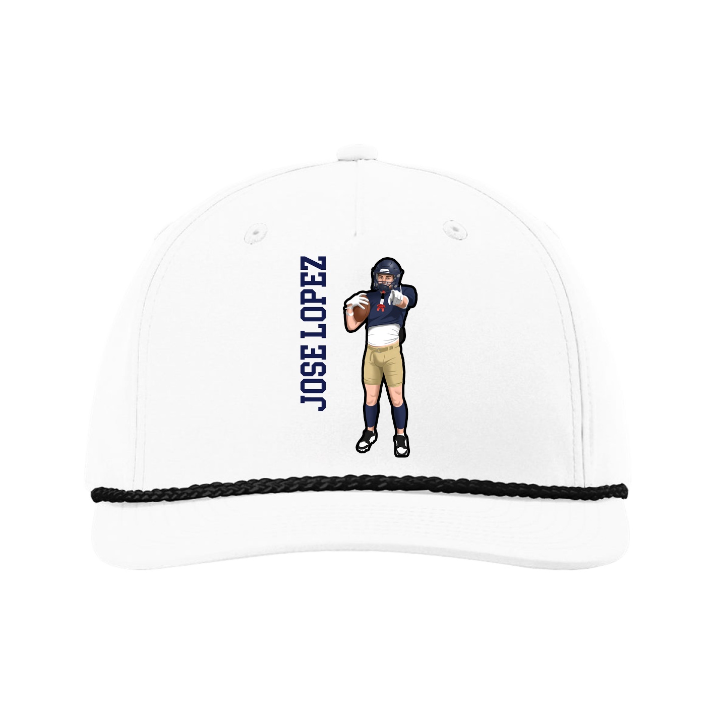 Five-Panel Classic Rope Cap — Name Vertical in White