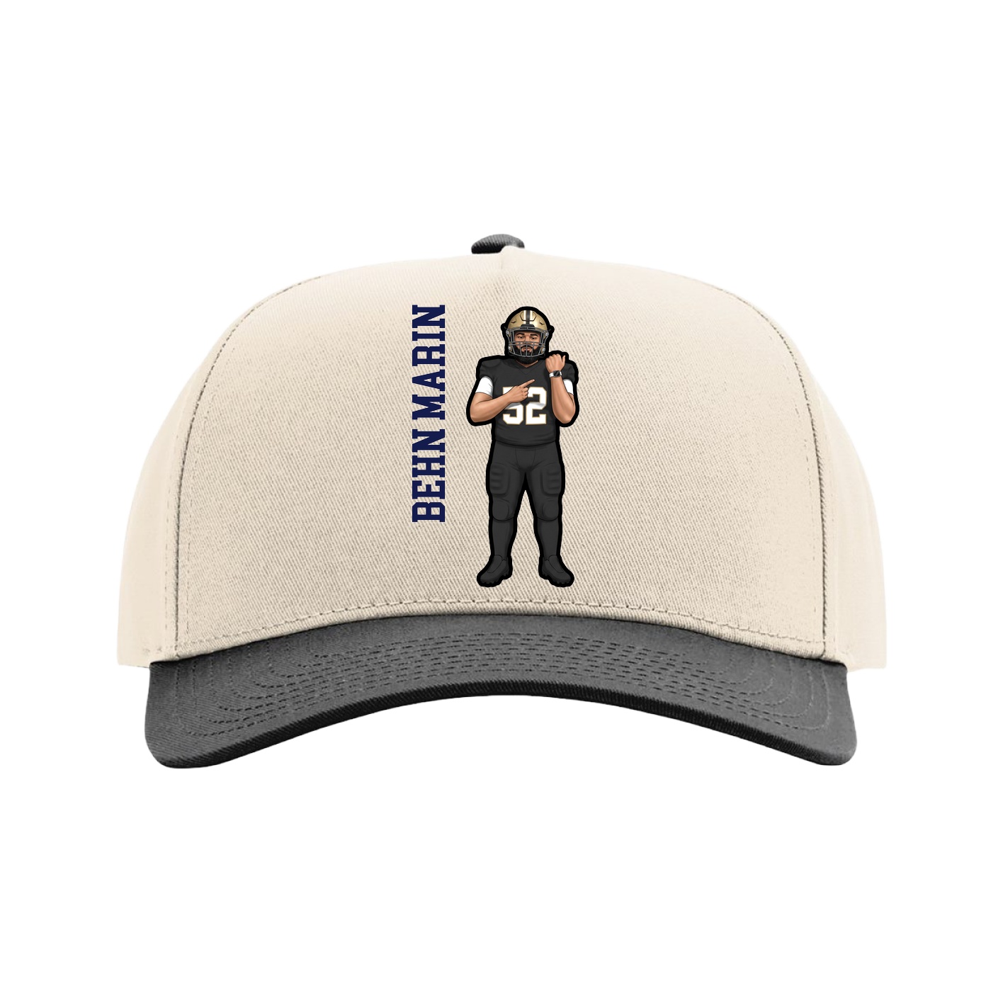 Full Fabric Five-Panel Champ Cap — Name Vertical in Cream/Black