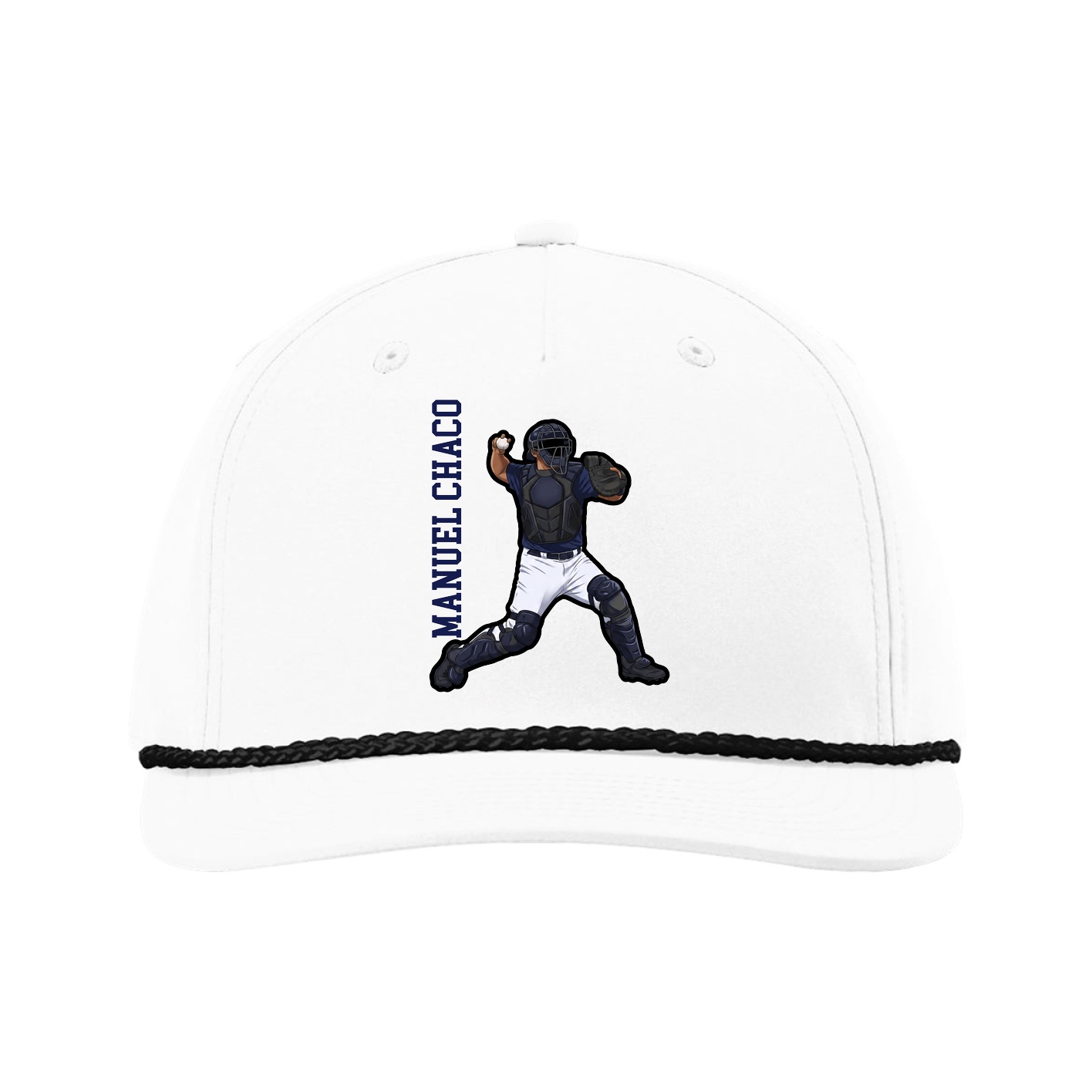 Five-Panel Classic Rope Cap — Name Vertical in White