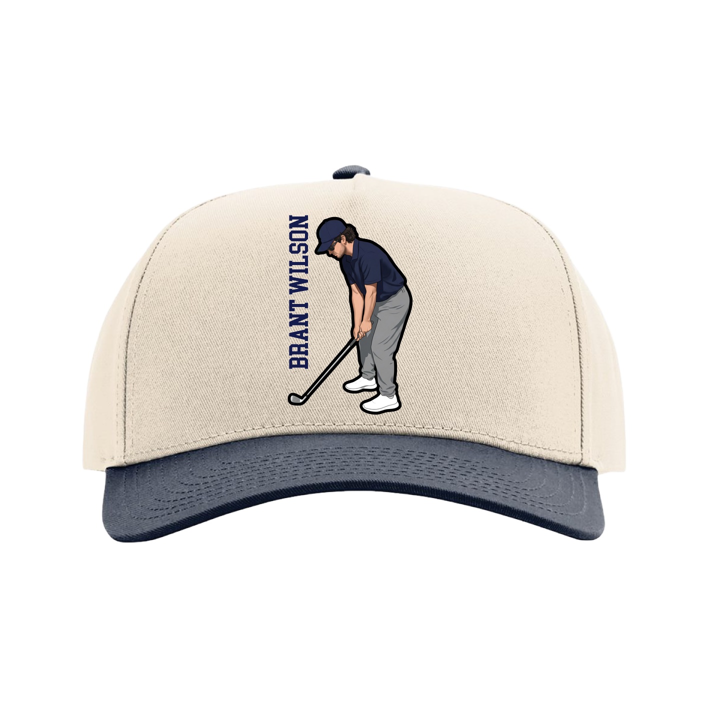 Full Fabric Five-Panel Champ Cap — Name Vertical in Cream/Navy
