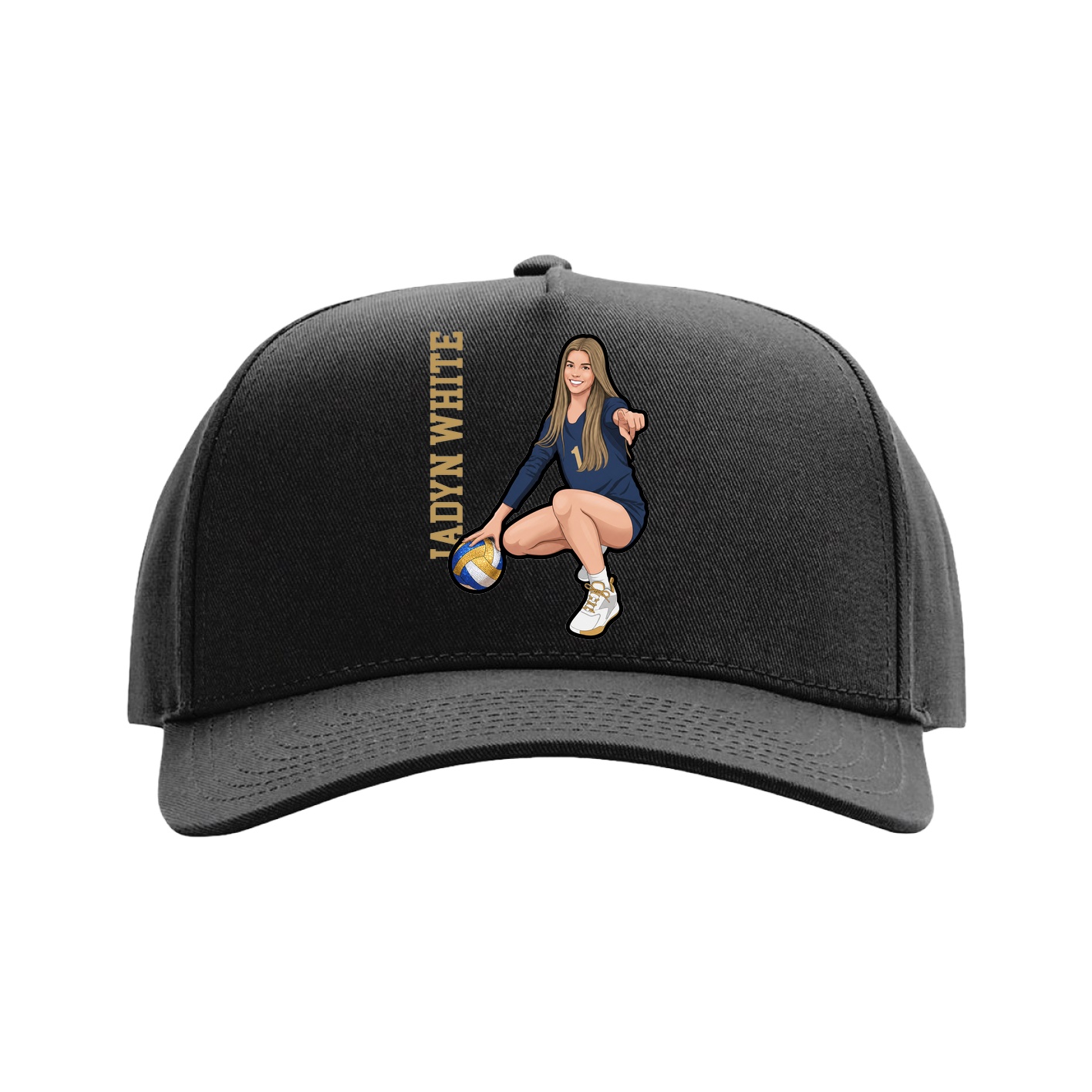 Full Fabric Five-Panel Champ Cap — Name Vertical in Black