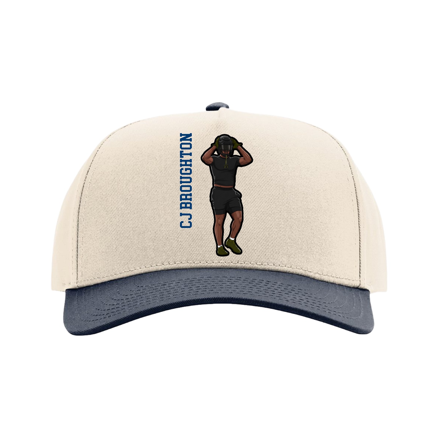 Full Fabric Five-Panel Champ Cap — Name Vertical in Cream/Navy