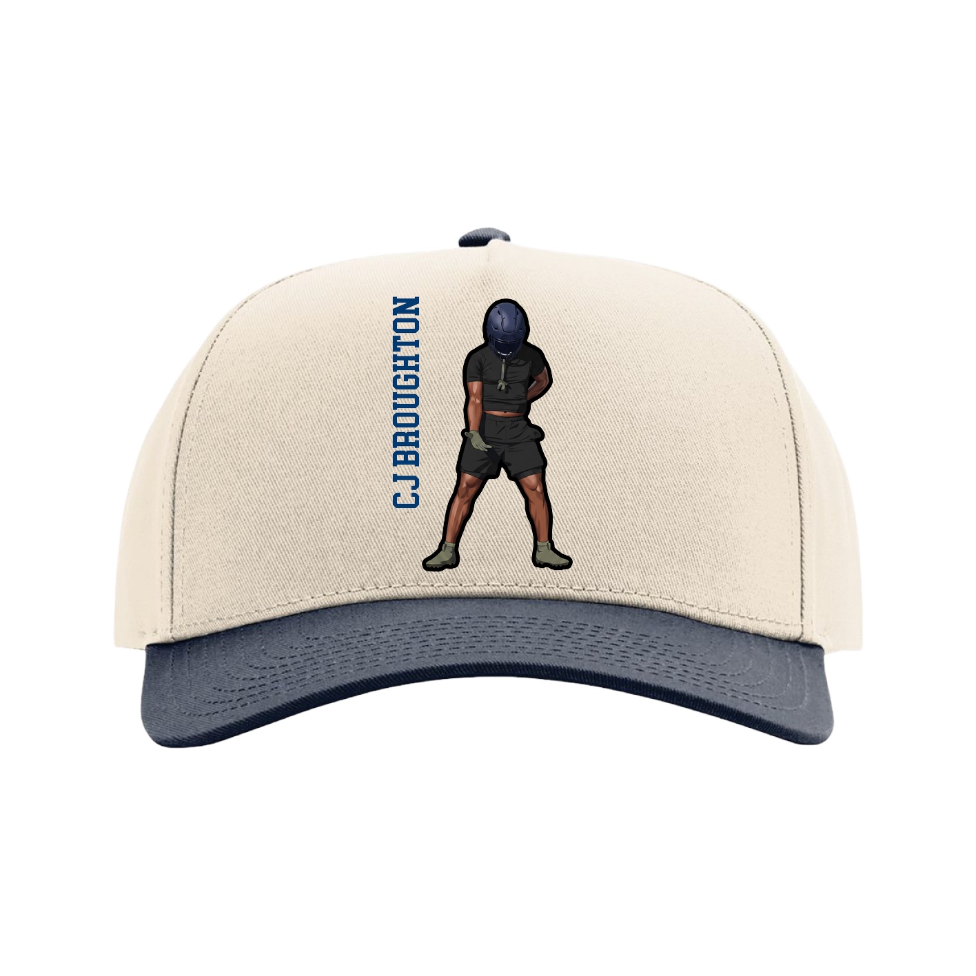 Full Fabric Five-Panel Champ Cap — Name Vertical in Cream/Navy