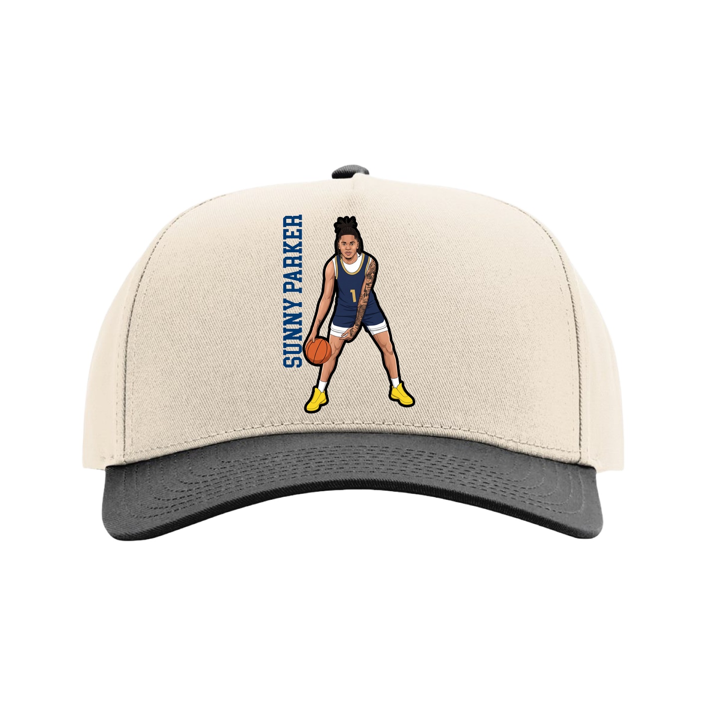 Full Fabric Five-Panel Champ Cap — Name Vertical in Cream/Black