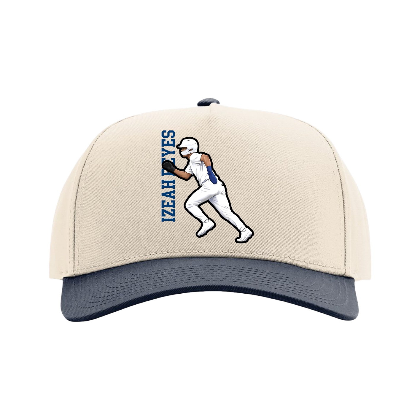 Full Fabric Five-Panel Champ Cap — Name Vertical in Cream/Navy