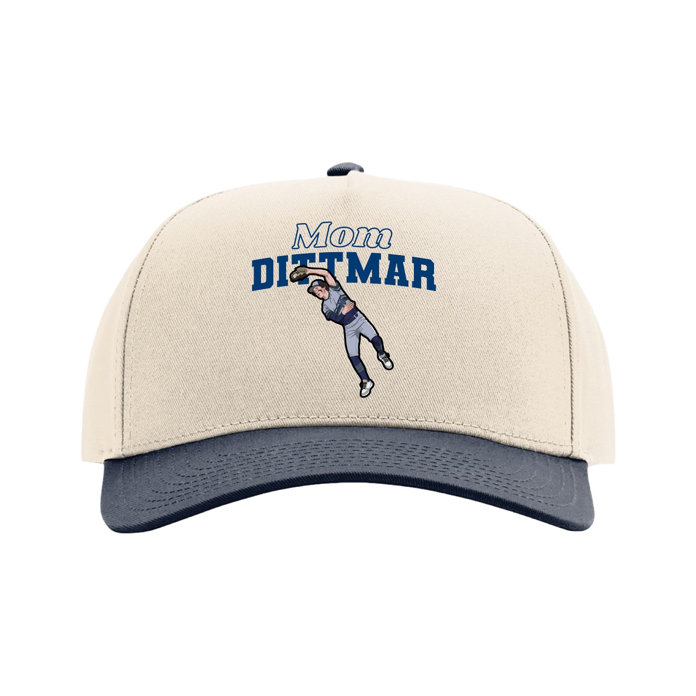 Full Fabric Five-Panel Champ Cap — Mothers Day Block in Cream/Navy
