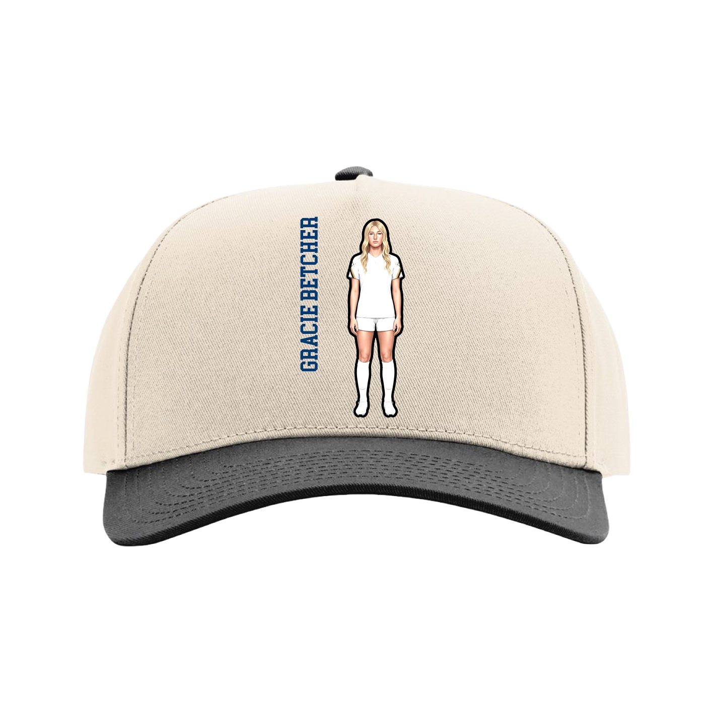 Full Fabric Five-Panel Champ Cap — Name Vertical in Cream/Black