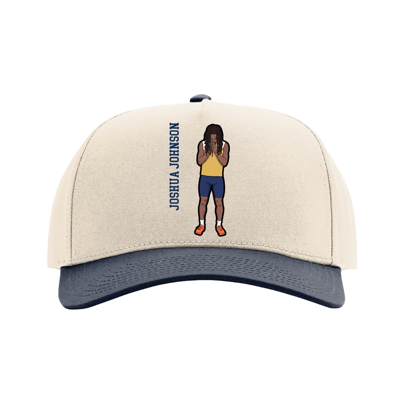 Full Fabric Five-Panel Champ Cap — Name Vertical in Cream/Navy