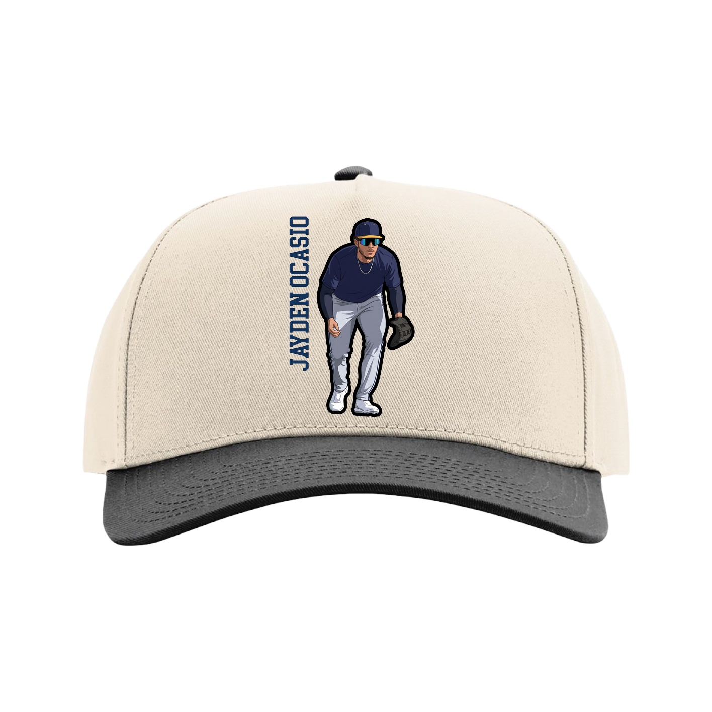Full Fabric Five-Panel Champ Cap — Name Vertical in Cream/Black