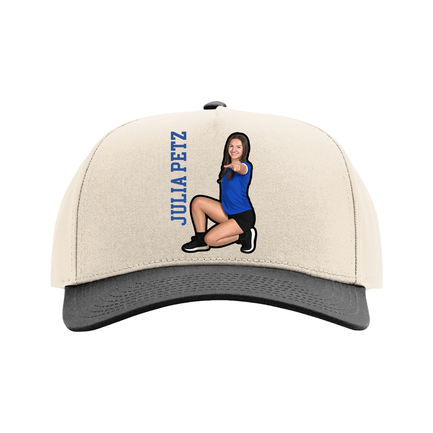 Full Fabric Five-Panel Champ Cap — Name Vertical in Cream/Black