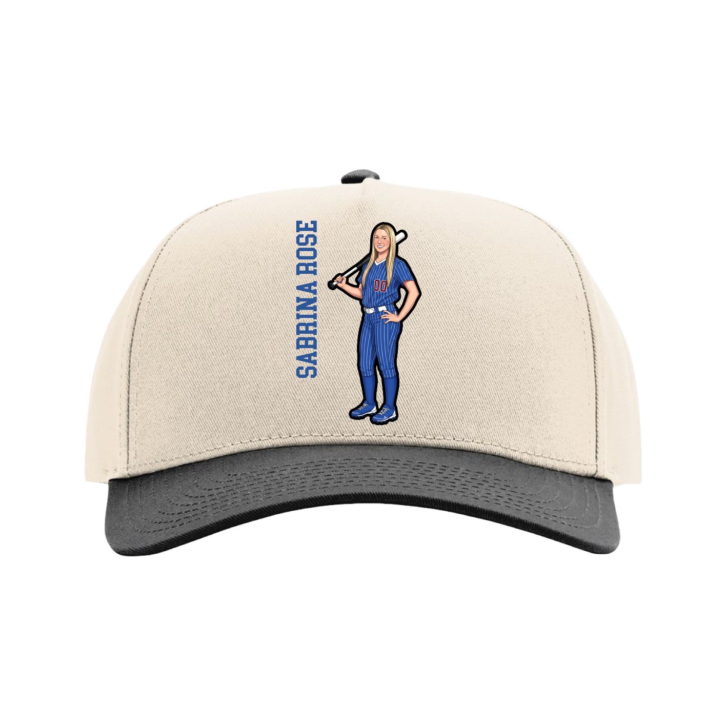 Full Fabric Five-Panel Champ Cap — Name Vertical in Cream/Black