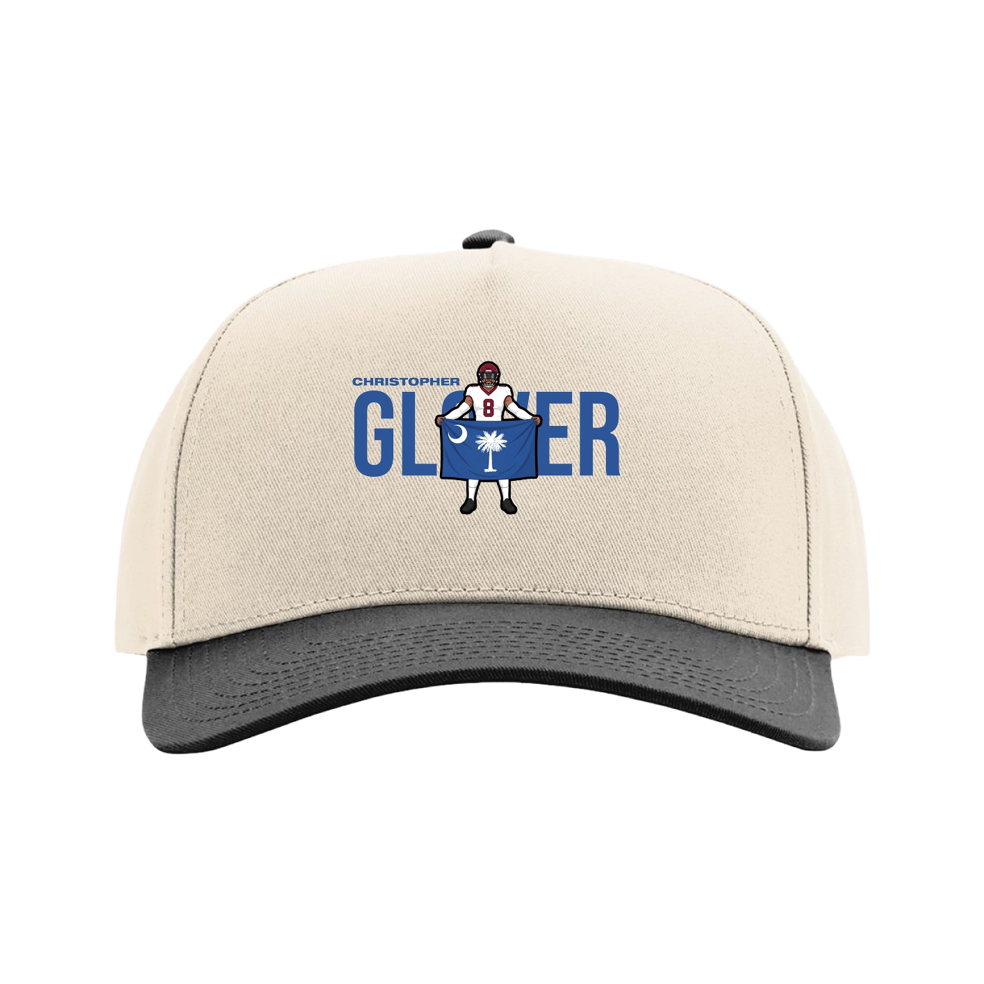 Full Fabric Five-Panel Champ Cap — Player Name in Cream/Black