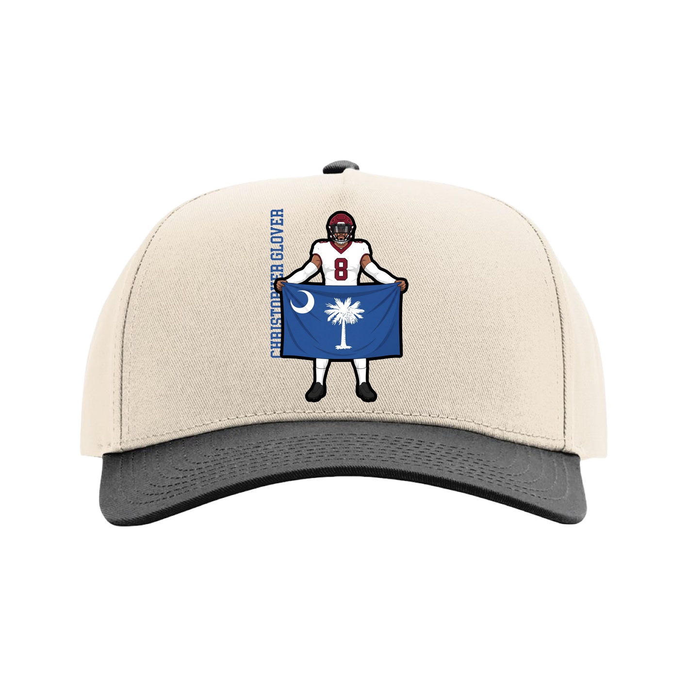 Full Fabric Five-Panel Champ Cap — Name Vertical in Cream/Black